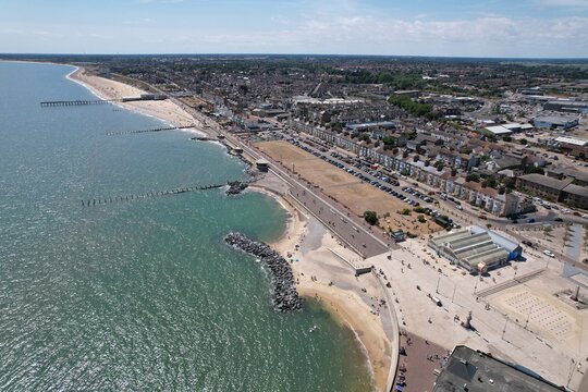 Lowestoft beach high drone aerial view .