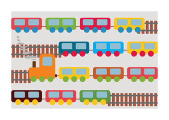 Fototapeta premium Train toys pattern. Locomotive for kid. Cartoon wagon, wheels and railway for child. Train isolated on gray background. Cute icon for holiday, birthday and shop. Transport children game. Vector.