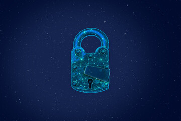 Old padlock with digital illustrated lines on blue background for security theme