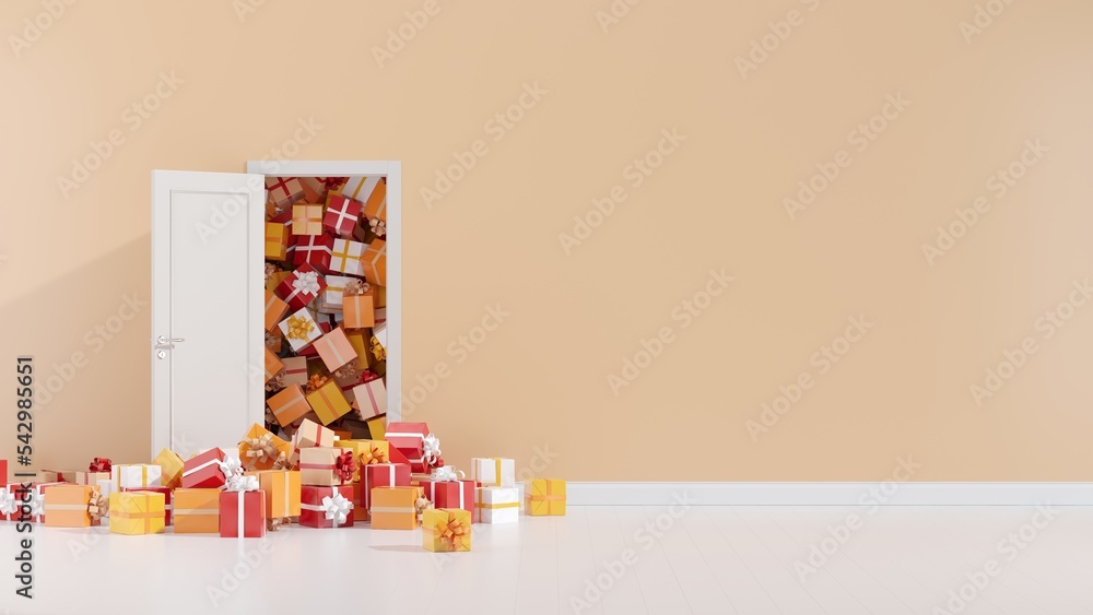 Poster many gift boxes tumbled out of the open door for copy space. 3d render.