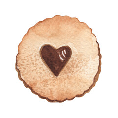 Round chocolate cookies. Watercolor illustration of pastry. Hand drawn element for menu, recipe, label, packaging design. Bakery sweet products for breakfast.