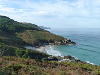Fototapeta na wymiar Walking the Camino dos Faros or Lighthouse Way along the beautiful coastline of Galicia, Spain
