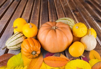 Fresh ripe pumpkins with autumn leaves