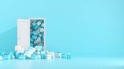 Blue Color gift box fall out through the open door in blue room with copy space. Christmas new year seasonal concept 3d illustration.
