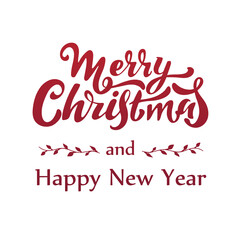 Merry Christmas and Happy New Year, red letters with floral elements  on  white background. Festive illustration. Merry Christmas card. Invitation congratulation banner poster. Winter holidays