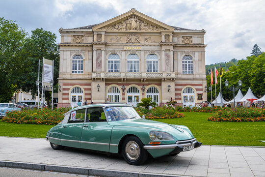 BADEN BADEN, GERMANY - JULY 2019: light green CITROEN DS 21 DS23 PALLAS coupe 1968 1976, oldtimer meeting in Kurpark neat Theater