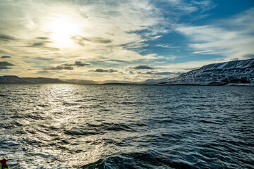 Obraz premium view from the ocean on icelandic snowy mountains