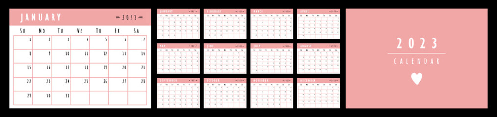 2023 Calendar planner template. The week starts on Sunday. Pink wall calendar. Set of 12 months. Vector illustration	