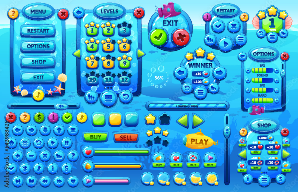 Poster underwater ocean game interface, cartoon sea gui elements, vector ui game asset. underwater game men
