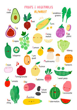 Fruits and Vegetables alphabet. Vector food educational poster. Learn letters with cute hand drawn food characters