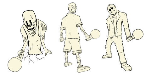 A set of illustrations of a skeleton and a man in a torn suit and a hockey mask on his face with a tennis racket in his hand. Halloween.Black and white style. Stock vector illustration of skeletons.