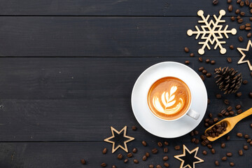 Christmas background with coffee cup, festive decorations,  coffee banner, Christmas and New Year banner design. Pictures for decorating a coffee shop on Christmas day