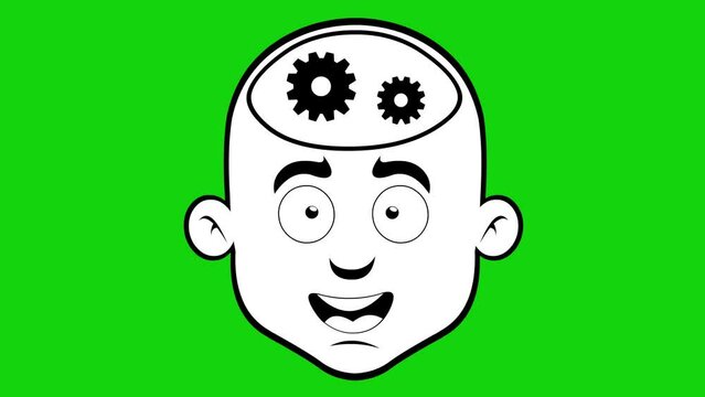 Animation of the face of a bald man cartoon, with gears turning in his head, drawn in black and white. In concept of person thinking. On a green chrome key background