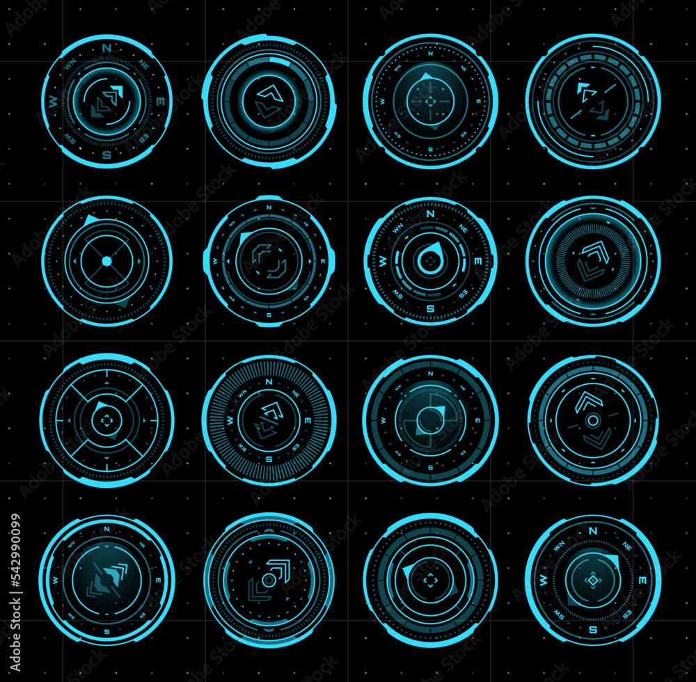 Poster Hud compass or aim control target panel. Ui interface, navigation future interface screen, cyber target aim viewfinder or dashboard vector HUD frame. Sci-Fi radars, compass control panel displays set