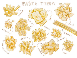 Pasta types watercolour food illustration isolated on white background for kitchen decor, product packaging