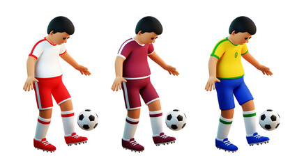 3d football player juggles a soccer ball. Cartoon character. 3d render