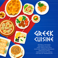 Greek cuisine restaurant meals menu cover page. Eggplant casserole Moussaka and pie Ladenia, egg pasta Hilopites, meatballs Keftedes and fish roe dip Taramasalata, bread Vasilopita, fried feta cheese