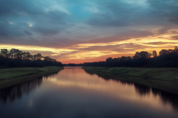 A serene peaceful river in the countryside. 
