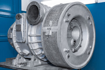 Marine gas turbine engine. Engineering equipment. Turbine close up. Heavy industry concept. Motor...
