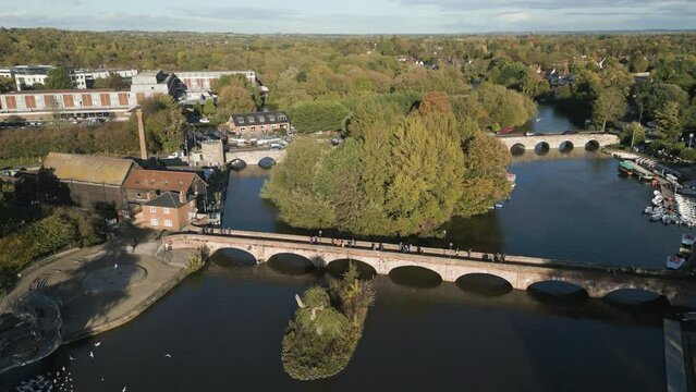 Aerial view of the bridges over River Avon at Stratford-upon-Avon, Warwickshire, England
