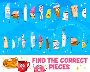 Find the correct half pieces of cartoon breakfast characters. Piece connect puzzle, fragment search game vector worksheet with milk, sandwich and bacon, cheese, coffee, toast, egg cheerful personages