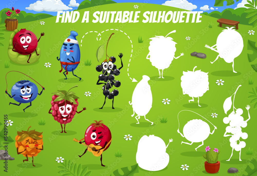 Leinwandbilder find a suitable silhouette. cartoon berry characters on summer party. child playing activity, educat