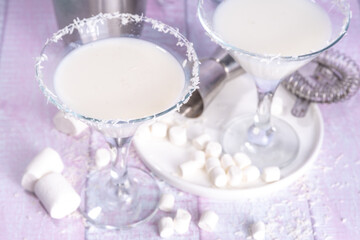 Cottontail Martini, sweet cute white martini alcohol cocktail, with marshmallow, marshmallow flakes
