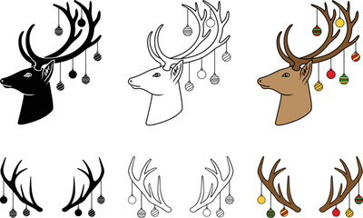Christmas Deer with Ornaments on Antlers - Outline, Silhouette & Color