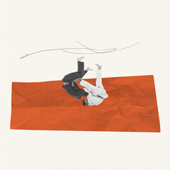 Creative design. Two men, professional judo athletes training, practising throws on drawn red carpet
