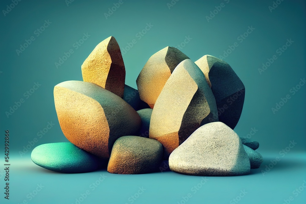 Poster , abstract background with cobble rock stones and golden arch isolated on pastel background. modern 