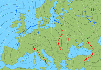 Forecast weather isobar map of Europe. Wind front, temperature and cyclones diagram. Climatology background, climate infographics, synoptic weather forecast vector isobar map of Europe - obrazy, fototapety, plakaty