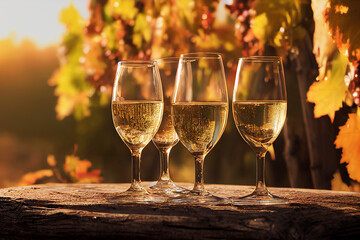 glasses of white wine in vineyard in autumn sunset