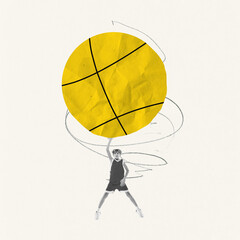 Creative design. Teen boy, basketball player in motion, jumping and throwing bi drawn yellow ball...