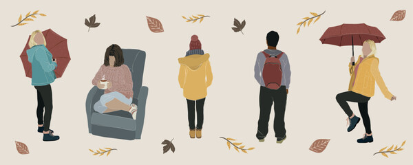 People silhouettes in autumn and winter scenes and clothes. Women dancing with umbrella, coats, crochet hat, scarves, sitting at sofa drinking some tea or coffee, man backward standing with backpack