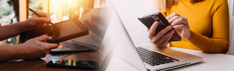 Business team present. professional investor working new start up project. Finance managers meeting.Digital tablet docking screen computer design smart phone using, in morning light