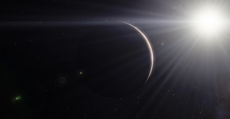 Sun and blue planet in the deep space. The Universe 3d illustration background