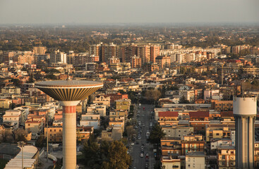 Aerial view of the city of Latina Italy at sunset. City reclaimed by Benito Mussolini during Fascism with rationalist style architecture