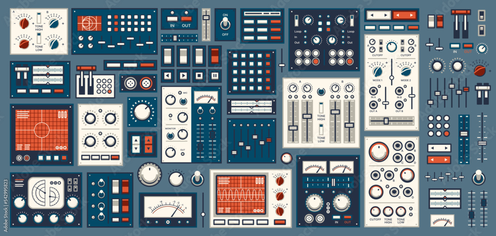 Aufkleber retro dashboard. control panel dial, switch, knob buttons. spaceship console, electronic ui and airp