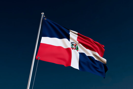 BANDERA DE LA REPUBLICA DOMINICANA ONDEANDO EN MASTIL FONDO AZUL RENDER 3D