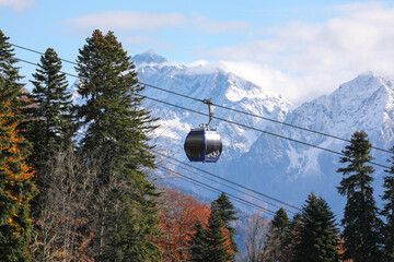 Ski funicular on the background of beautiful mountains in autumn.