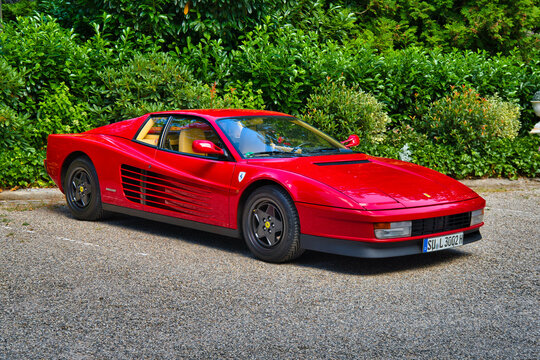 BADEN BADEN, GERMANY - JULY 2022: red FERRARI 328 GTS 1989 coupe, oldtimer meeting in Kurpark