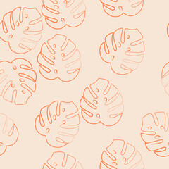 Vector. Minimalism autumn seamless pattern in pastel colors, with monstera leaves in a linear style and abstract shapes. Modern minimalist mobile wallpaper for social media stories, branding, covers.