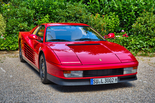BADEN BADEN, GERMANY - JULY 2022: red FERRARI 328 GTS 1989 coupe, oldtimer meeting in Kurpark