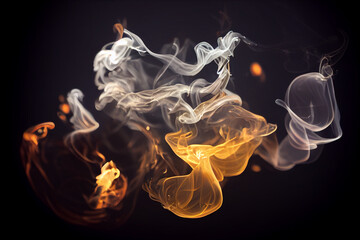 Fototapeta premium Background image of fog, smoke, dry ice, steam. Fire bursts in the background. 