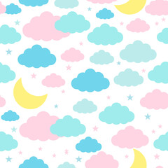 Moon, clouds and stars in pastel colors seamless patterns