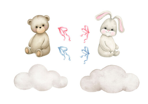Teddy bear, bunny sits on the clouds..Watercolor hand painted illustrations for baby shower isolated on white background .