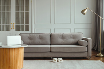 Contemporary minimalist living room interior with sofa floor lamp and coffee table with laptop