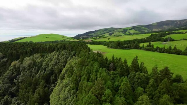 Aerial View Flight Lake In Volcanic Crater Lagoa Do Congro, Sao Miguel Island Azores 15 October 2022