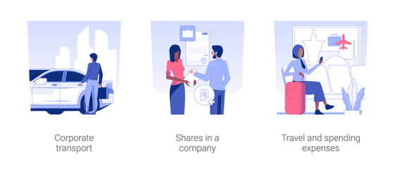 Fototapeta premium Financial benefits for company workers isolated concept vector illustration set. Corporate transport, shares in a company, travel and spending expenses, business trip, company rules vector cartoon.
