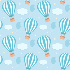 Blue seamless pattern with hot air balloons